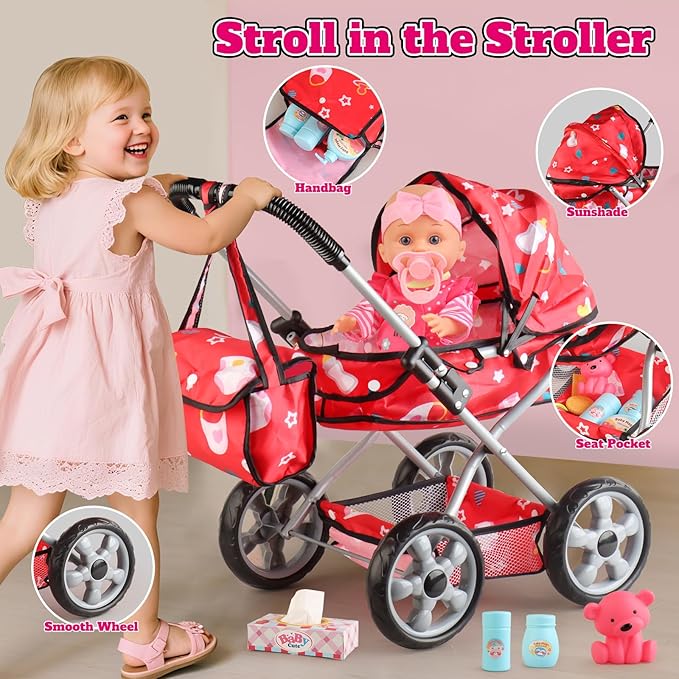 Baby Doll Stroller Set for Toddler Girls 3-5, A 12.5" Babydoll with Baby Doll Accessories, Pillow, Blanket & 2 Sets Clothes, Doll Toy Stroller for Kids, Gifts 3 4 5 Year Old Girls Toys