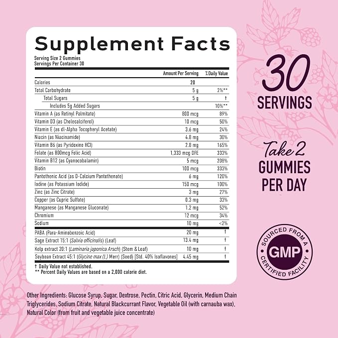 Menopause Support Gummies, Hormone Balance for Hot Flashes & Night Sweats | Mood & Bloating Support, With Phytoestrogen Soy Vitamin D3 PABA Biotin, Vegetarian, Gluten-Free, 60 Black Currant Gummies