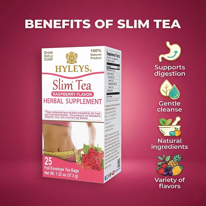 Hyleys Slim Tea Raspberry Flavor - Weight Loss Herbal Supplement Cleanse and Detox - 25 Tea Bags (12 Pack)