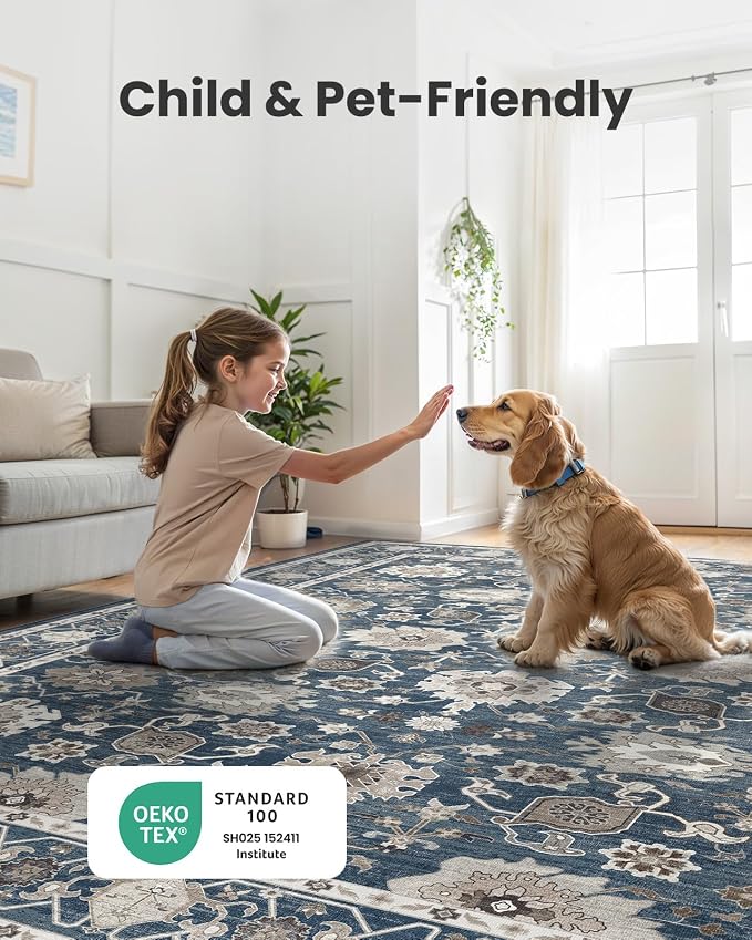 AMADA HOMEFURNISHING 8x10 Area Rug for Living Room,Vintage Washable Area Rug Low-Pile & Non-Slip Carpet for Bedroom Dining Room Nursery Home Office, Navy Blue/Brown