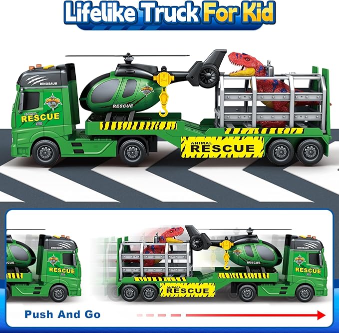 SpringFlower Toddler Truck Boy Toys, Large Dino Truck Toy with Helicoper and Dinosaur, 3 in 1 Boy Toy for 3 4 5 6 7 Year Old, Christmas Birthday Gifts for Kids 3 4 5 6 Years Old