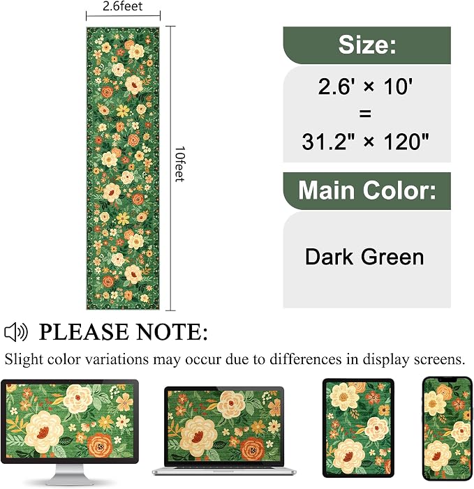 DUKINO 2.6x10 Hallway Runner Rug Washable Kitchen Rugs Non Slip Dark Green | Soft, Low Pile, Floral Indoor Floor Rug Runner for Entryway, Bedroom, Bathroom, Laundry, Pet Friendly, Home Decor, Ultra-Thin