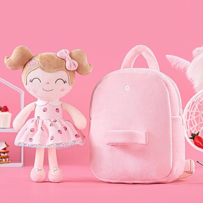 Gloveleya Kids Backpack for Girls backpacks Plush bag with Soft doll for Toddler baby Strawberry 9 Inches