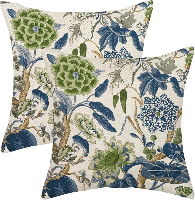 Green Navy Blue Pillow Covers 18x18 Inch Set of 2 Vintage Blue Floral Throw Pillows Chinoiserie Flower Decorative Pillow Case Outdoor Linen Farmhouse Cushion Cover for Couch Sofa Decorations