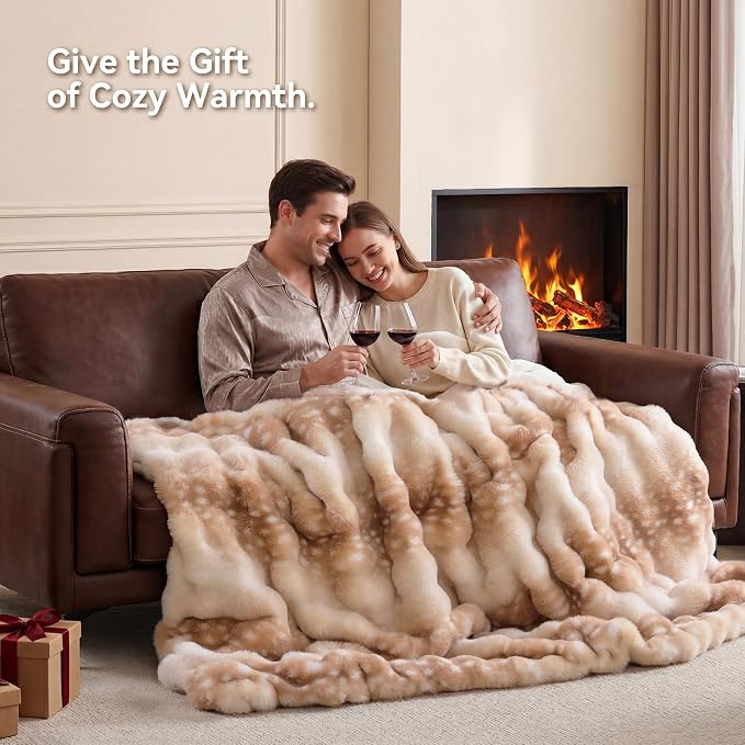 Faux Rabbit Fur Throw for Couch - Deer Brown Bubble Blanket 60"x80" | Fluffy Plush Fuzzy Fawn Throw for Sofa & Bed, Super Soft Cozy Comfrt Blanket,Luxury Aesthetic Deer Print Decor Gift for Women