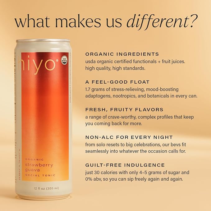 Hiyo Organic Social Tonic – Strawberry Guava, 12 Pack - Non-Alcoholic Functional Seltzer, Flavored Sparkling Water Crafted with Organic Adaptogens, Nootropics & Botanicals