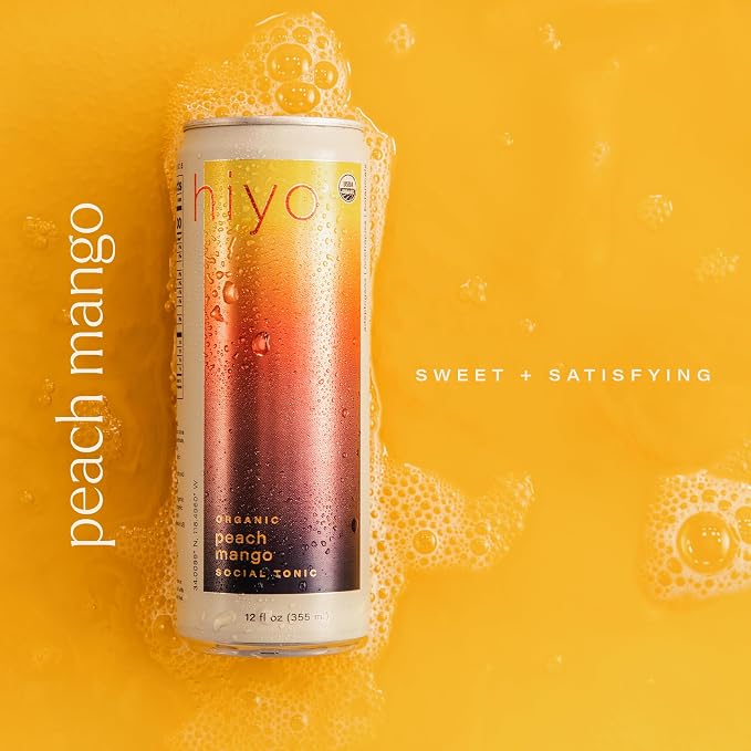 Hiyo Organic Social Tonic - Peach Mango, 12 FZ - N.A. Functional Seltzer, Sparkling Water Crafted with Organic Adaptogens, Nootropics & Botanicals