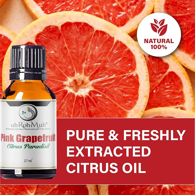 Pink Grapefruit Essential Oil Cold Pressed Citrus Paradisi Peel Oil Fresh Citrus Aroma Top Note Essential Oil for Aromatherapy Diffuser Skincare Haircare and Natural DIY Cosmetic Blends - 10 ml
