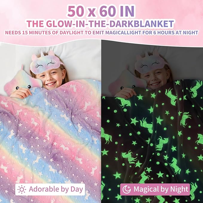Unicorn Gifts for Girls Age 3 4 5 6 7 8 Years Old, Unicorn Toys for Girls with Glow in The Dark Blanket Light Up Star Pillow Eye Mask Crossbody Bag, Birthday Gifts for Daughter Niece