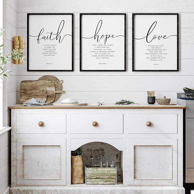 Houmury 3PCS Framed Faith Hope Love Bible Verses Wall Art Farmhouse Religious Quotes Wall Decor Inspirational Wall Art (Black, 16"x24")