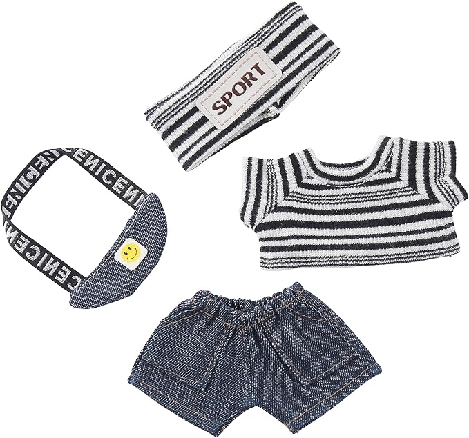 17cm Doll Clothes 4-Piece Outfit Set for 17cm Dolls Handmade Sport Style with Striped Headband, Top, Jeans & Mini Denim Backpack Accessories for Plush Dolls, Clothes Only