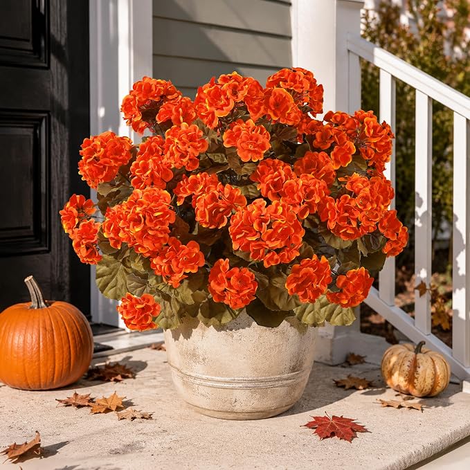 Fake Geraniums Artificial Flowers for Outdoors Fall Autumn Decoration, 6 Bundles Silk Geraniums Look Real Faux Fall Flowers Plants for Front Door Garden Planter Patio Balcony Yard Home Indoor, Orange