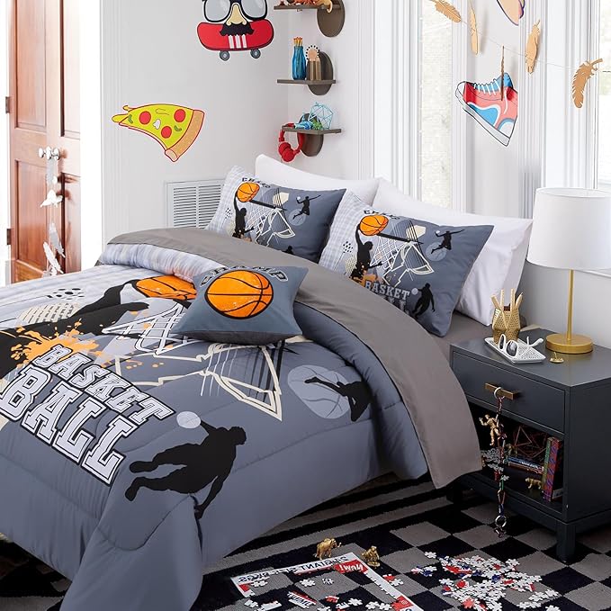 A Nice Night Basketball Themed Full Bed Sets for Boys Teens - 6PC Kids Comforter with Sheet Set, Bed-in-a-Bag Polyester Bedding Collections, Gary