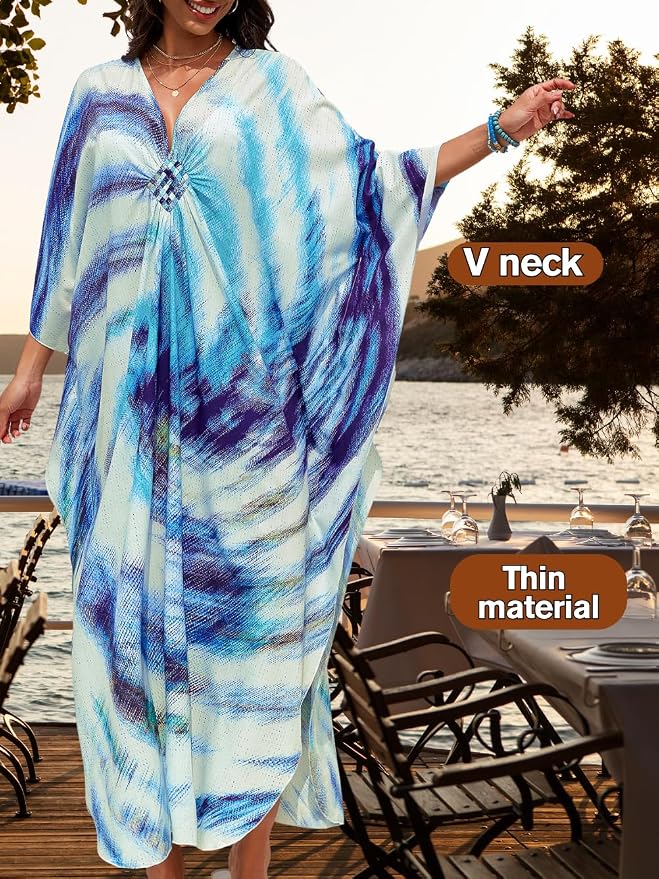 ChiaoLezhee Print Moo-Moos for Women, Kaftan Cover-Up Dresses, Sexy V-Neck High-Slit, Beach Pool-Party Coverups Muumuu Plus