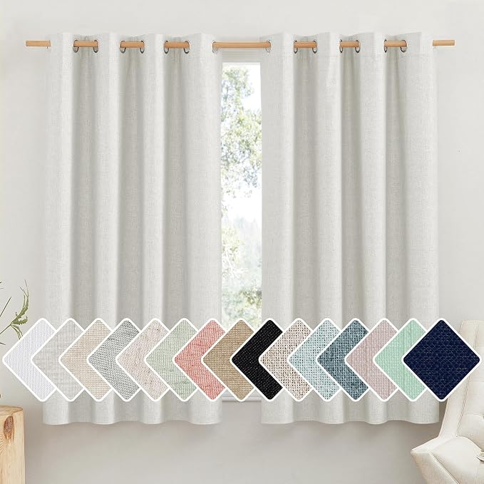 NICETOWN 100% Absolutely Blackout Linen Curtains with Thermal Insulated White Liner, Ivory, 52" W x 45" L, Set of 2, Burlap Textured Textured Linen Look Privacy Window Treatment for Kitchen