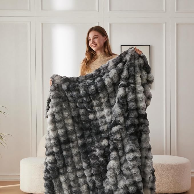 COOVA Faux Fur Throw Blanket for Couch, Cozy Soft and Fuzzy Plush Rabbit Fur Bubble Blanket for Sofa Bedroom Living Room, 60x80 Inches Tie Dye Light Grey