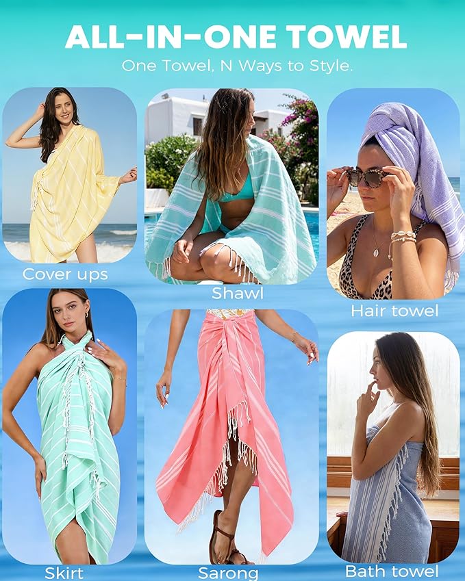 2 Pack Turkish Beach Towels Vacation Essentials with Bag Quick Dry Sand Free Soft Absorbent Adult Bath Pool Swim Long Wide Stripe Towel Cloud Linen Sandfree Mat Summer Thing Lightweight Travel Blue
