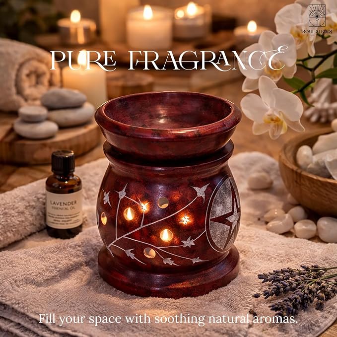 SOUL STICKS Stone Soapstone Aroma Lamp Stylish Beautiful Elegant Decorative Handcrafted Aroma Wax Burner Oil Diffuser for Aromatherapy, Meditation and Home Fragrance with Tealight Holder, 3 (Red)