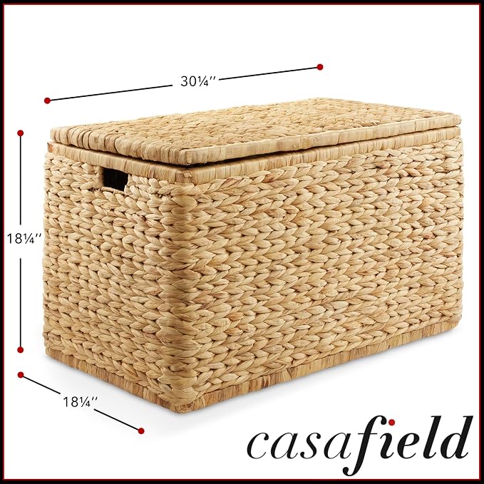 Casafield 30" Storage Chest with Lid, Handles, and Safety Hinge - Natural, Water Hyacinth Wicker Storage Trunk for Entry Way, Living Room, Bedroom