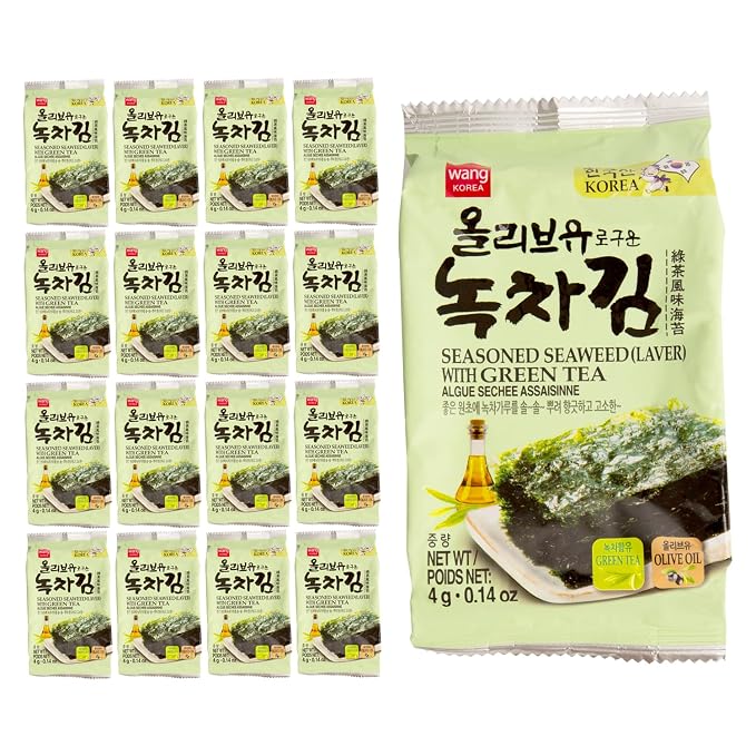 Wang Korean Seaweed Snack, Olive Oil with Green Tea and Wasabi