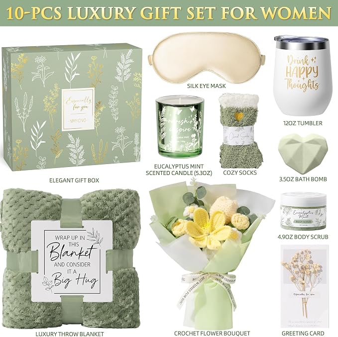 Birthday Gifts for Women, Spa Self Care Package Get Well Soon Gift Baskets | Sympathy Gift Set w/ Crochet Flower Bouquet, Christmas Thinking of You Gifts Basket for Women Mom Her Best Friend Sister Wife
