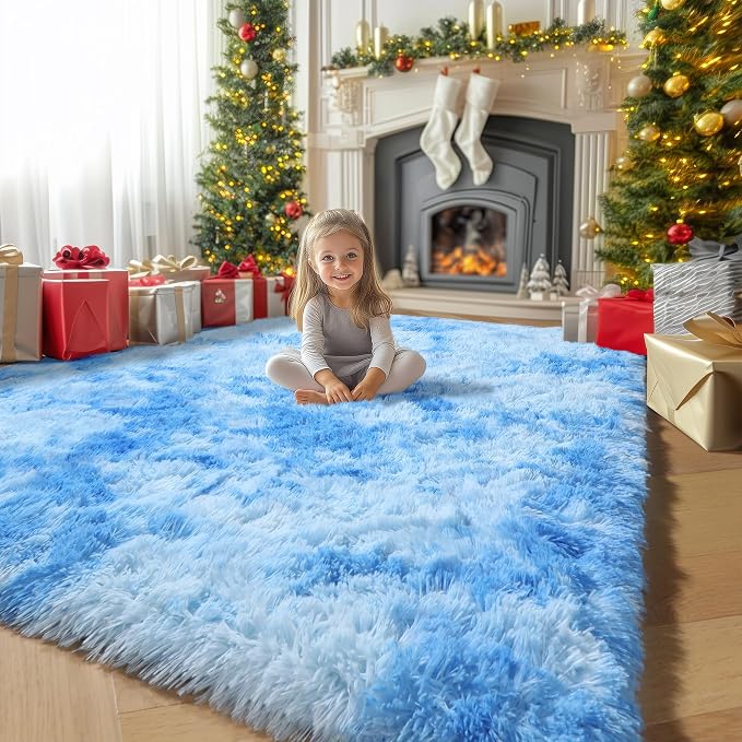 Amdrebio Tie-Dyed Light Blue Fluffy Area Rug 5x7 for Girls Kids Bedroom | Shag Fuzzy Soft Shaggy Carpet, Classroom Playroom Baby Nursery Toddler Room Decor, Coastal Aesthetic Ocean Beach Sky, Kawaii