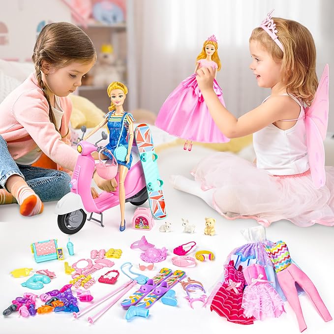 67Pcs Doll Clothes and Accessories with Doll, Motorcycle Scooter Set, Skiing Kit, Pet Set, 10 Shoes, 6 Outfits (Dress/Pants/Casual), Doll Playset Dress Up Toys for Girls Kids Toy Gifts