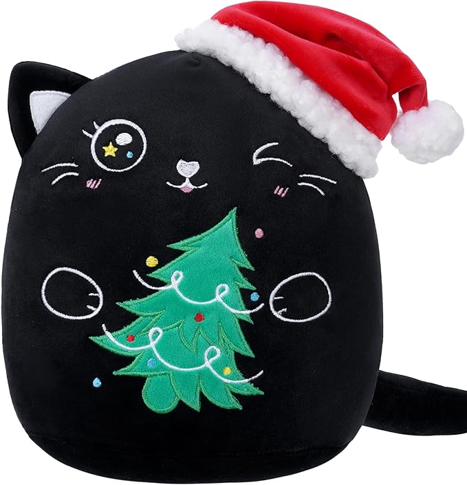 Christmas Cat Stuffed Animal: 8-Inch Cute Black Cat Plush Toy with Santa Hat and Christmas Tree Soft Christmas Plushies Pillow, Holiday Birthday Decoration Gifts for Kids Girls & Boys