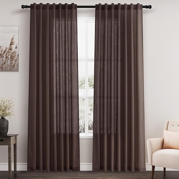 Coffee Linen Curtains 80 Inch Length 2 Panels Set Back Tab Rod Pocket Textured Sheer Light Filtering Boho Room Decor Aesthetic Curtains Burlap Look Curtain Drapes for Living Room Bedroom 52x80