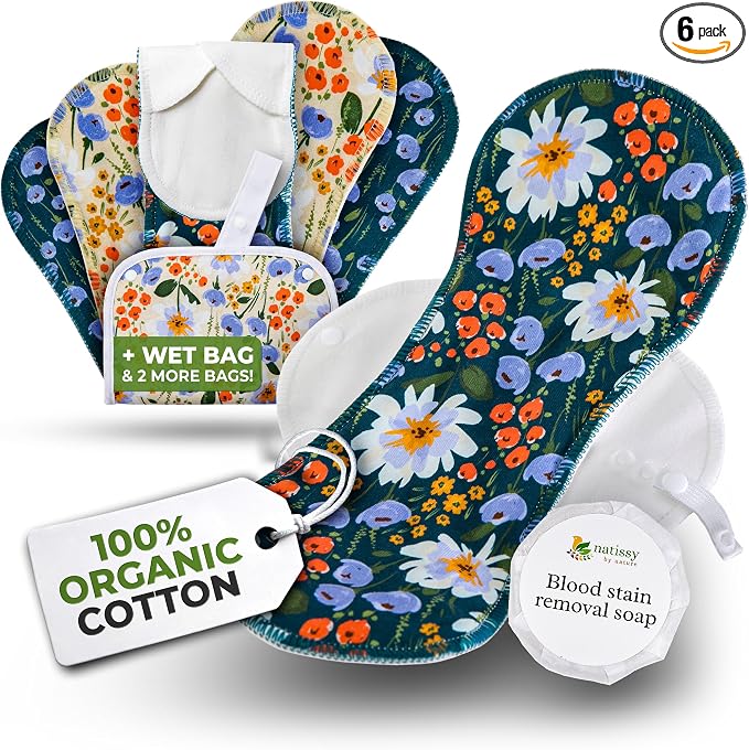 Organic Cotton, High Absorbency Reusable Period Pads for Heavy Flow (6 Pack L+XL) - Leak Proof & Odor Free Cloth Pads for Women - High-Temp Washable, Breathable & Skin-Safe for Menstrual Comfort