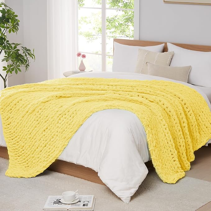 L'AGRATY Chunky Knit Throw Blanket for Couch, 50 x 60 Inches, Egg Yellow | Handmade Chenille Crochet Blanket for Sofa Bed, Thick Cable Knitted Blankets for Room Home Decor, Birthday Gift for Women Mom