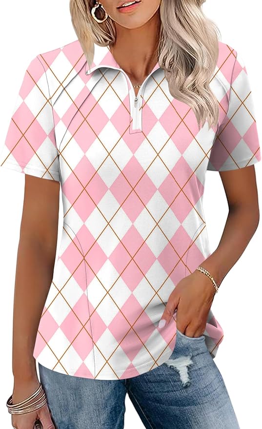 LOMON Womens Golf Polo Shirt Summer Short Sleeve Quarter Zip Outfit | Side-Pockets,Princess Seams,Cotton,Wrinkle Free,Moisture Wicking,Quick-Dry,Lightweight,Collared,for Tennis Workout