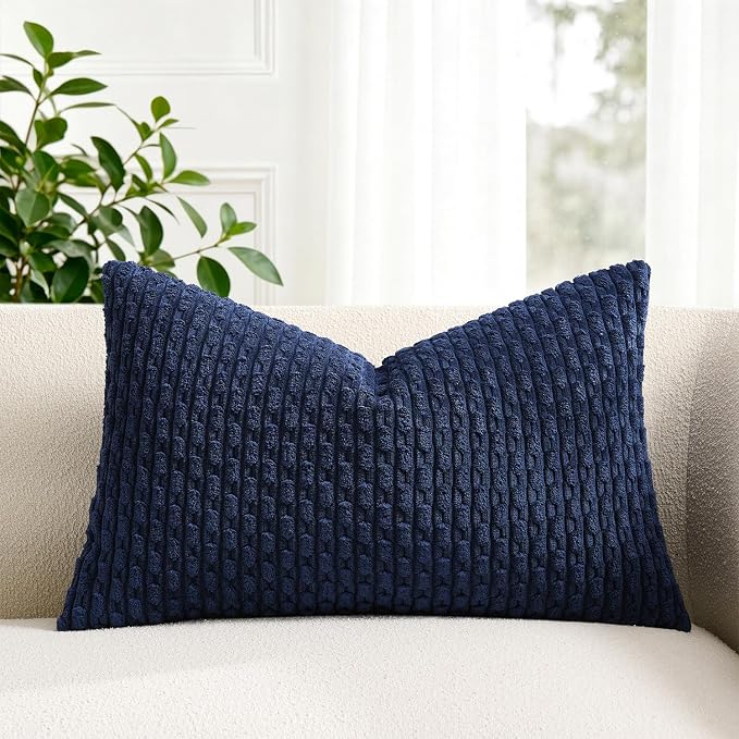 Kevin Textile Soft Corduroy 12"x24" Lumbar Pillow Cover 1 Pack, Navy Blue | Boho Stripe Plush Corduroy Decorative Oblong Cushion Cover Modern Farmhouse Home Decor for Sofa Couch Bed Chair