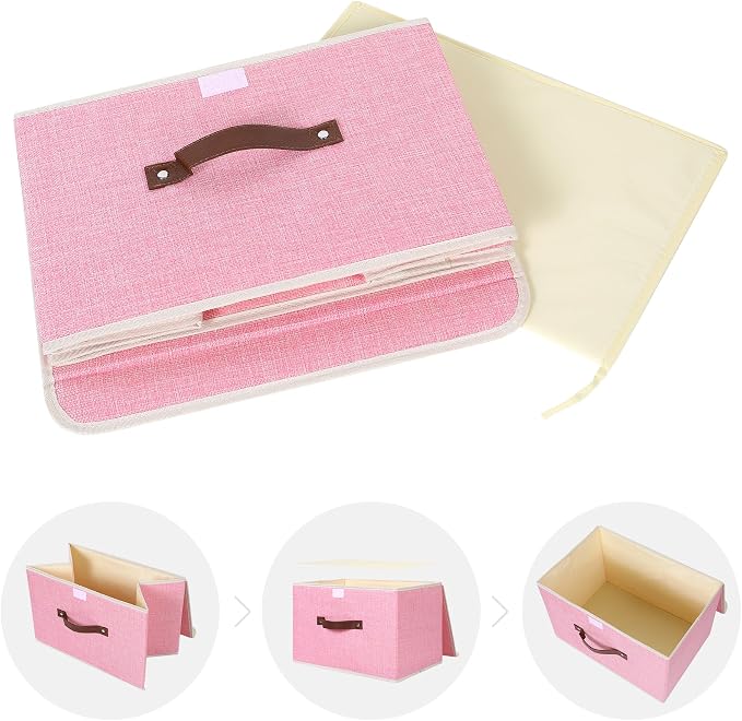 ANMINY Fabric Storage Box Bins with Lids, Pink, 13"x9"x7.9" | Keepsake Memory Storage, Cotton Linen, PP Board Reinforced, Washable, PU Handles, Foldable & Stackable, Decorative, Medium