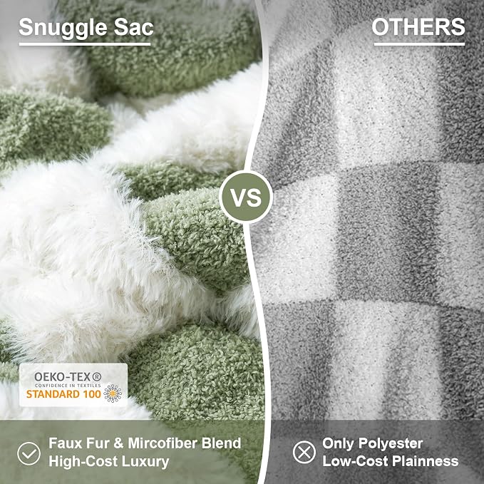 Snuggle Sac Faux Fur Checkered Blanket Twin Size with Soft Knitted Microfiber,Cozy Soft Warm Blanket for Sofa Bedroom Living Room,St Patricks Day Gift,Sage Green Checker,60x80 inches
