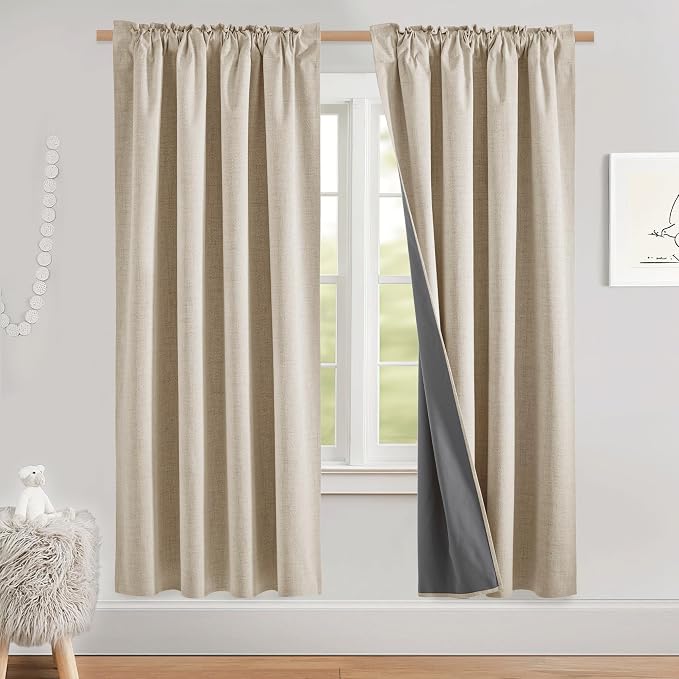 NICETOWN Beige Bedroom Full Blackout Linen Curtains, Thick Insulated Classic Rod Pocket Back Tab Blackout Draperies with White Thermal Insulated Liner for Nursery, Study (Set of 2, 52 by 72-inch)