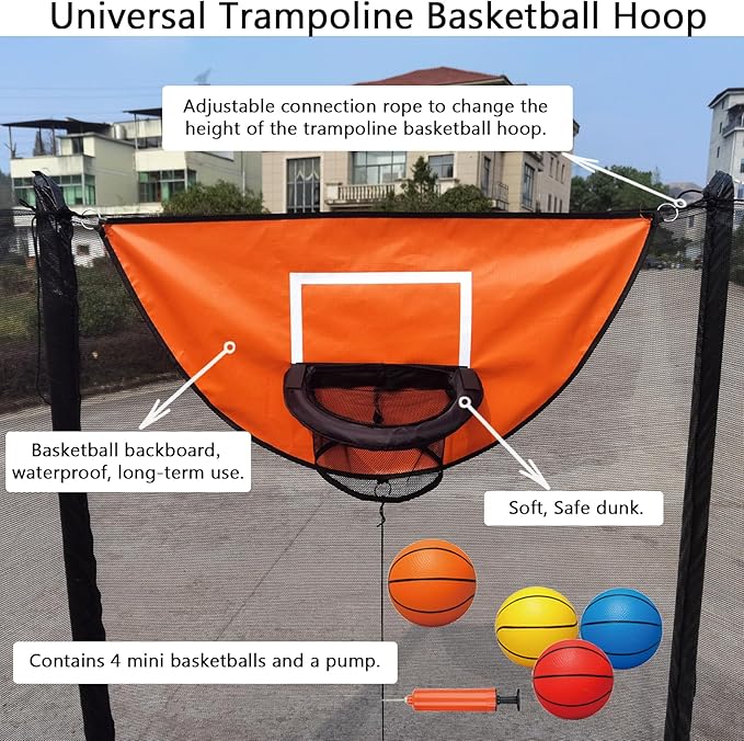 Trampoline Basketball Hoop, with Pump and 4 Mini Balls, Easy to Install, Universal Trampoline Accessories, Trampolines Basketball for Dunking