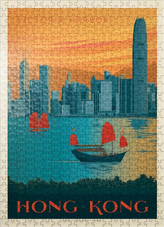 MyPuzzle China: Hong Kong, Victoria Harbor, Vintage Poster - Premium 500 Piece Jigsaw Puzzle for Adults
