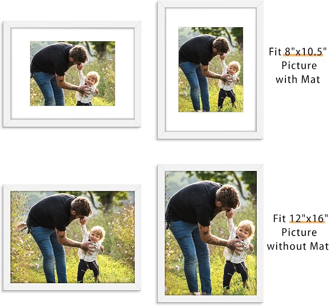 Picrit 12x16 Picture Frame Set of 12, Display 8.5x11 with Mat or 12x16 without Mat, Photo Frames for Wall Mounting Display, White