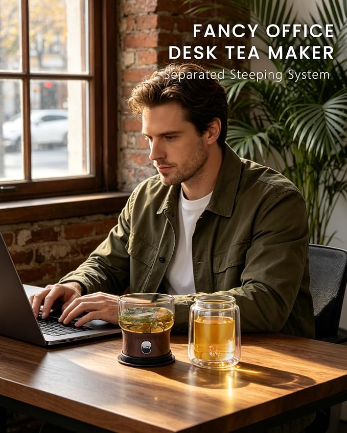 ZENS Modern Glass Tea Infuser Teapot, Smart One Touch Tea Maker for Loose Tea Diffusers with Insulated Mug and Cute Portable Walnuts Tea Kits for Tea Lover Gifts