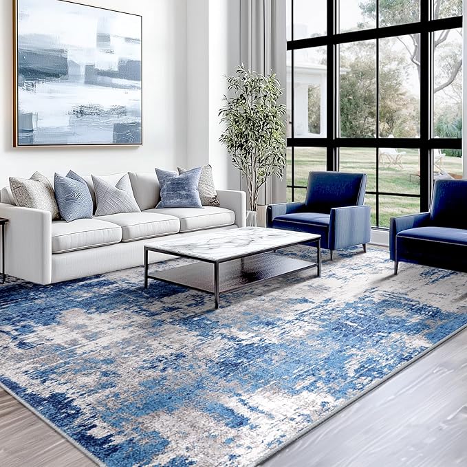 RELEANY Washable Square 8'x8' Area Rug for Living Room Blue Gray | carpet for bedroom, kitchen, office, hallway and entryway, printed pattern, non-slip, soft, stain-resistant, easy to clean