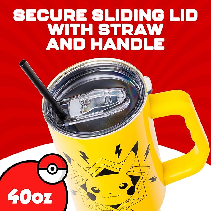 Silver Buffalo Pokémon Lightning Double Walled Stainless Steel Tumbler with Handle Featuring Pikachu, Fits in Standard Cup Holder, 40 Ounces