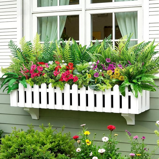 Alupssuc 24 Pcs Artificial Plants Flowers for Outdoors UV Resistant Decor | No Fade Plastic Spring Fake Plants Greenery, For Patio Porch Garden Pathway Home Spring Decor, 4 Colors