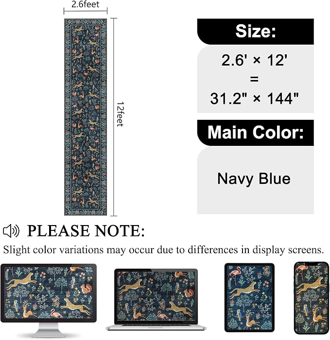 DUKINO 2.6x12 Hallway Runner Rug, Washable Animal Rug Non Slip, Navy Blue | Low Pile, Stain Resistant, Soft Indoor Long Carpet Runner for Entryway, Kitchen, Bedroom, Bathroom, Pet Friendly, Ultra-Thin