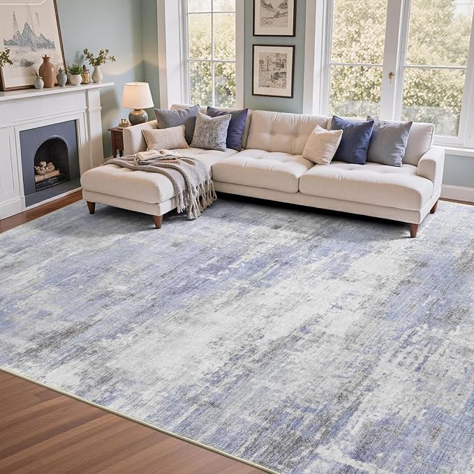 9x12 Ft Extra Large Washable Area Rugs for Living Room, Soft Non-Slip Modern Abstract Print Pattern Carpet for Bedroom Indoor Floor Nursery Home Decor (Blue/White)