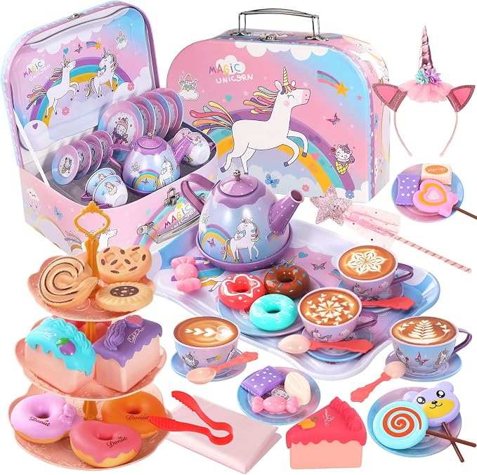 55Pcs Tea Party Set for Little Girls, Princess Tea Party Set, Unicorn Kid Tin Tea Set,Kids Kitchen Pretend Toy, Toddler Tea Party Set for Girl 3-5, Tea Party Easter Birthday Gift for 4 Year Old