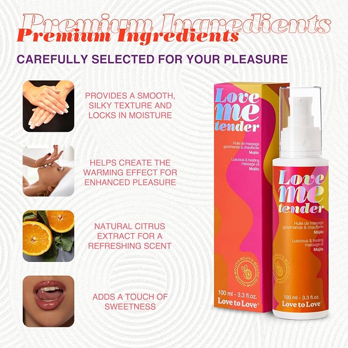 Love Me Tender Luscious Hydrating Mojito Warming Massage Oil – Kissable Flavored Massage Oil for Couples Intimacy, Romantic Date Night, Couples Play, Sensual Body Oil, Intimacy Items 3.3 fl oz