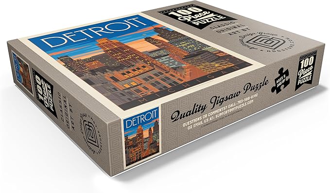 MyPuzzle Detroit, MI: Skyline, Vintage Poster - Premium 100 Piece Jigsaw Puzzle for Adults