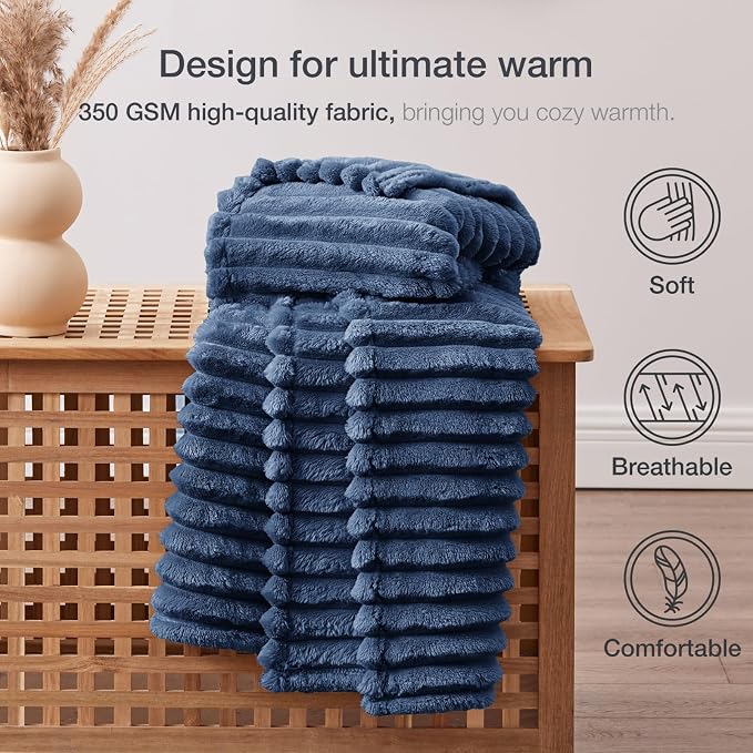 EXQ Home Fleece Throw Blanket for Couch or Bed - 3D Stripe Jacquard Decorative Blankets - Cozy Soft Lightweight Fuzzy Flannel Blanket Suitable for All Seasons(50"×60",Dark Blue)