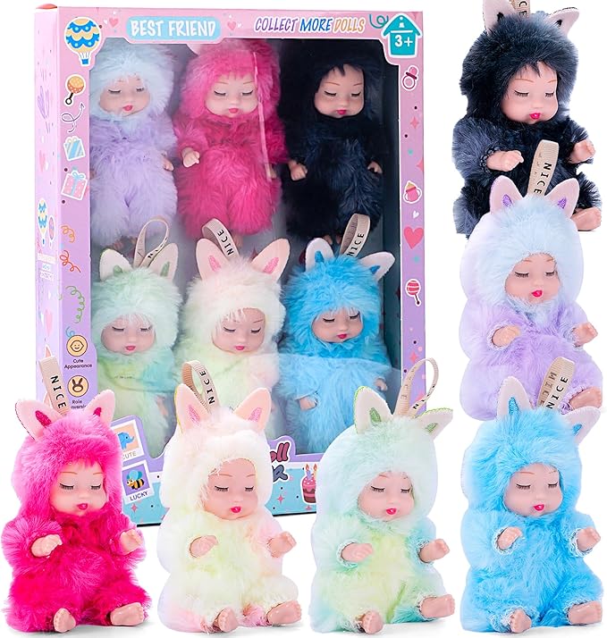Adorable 6 Pack Plush Sleeping Doll Set with Hanging String, 4-Inch Colorful Collection